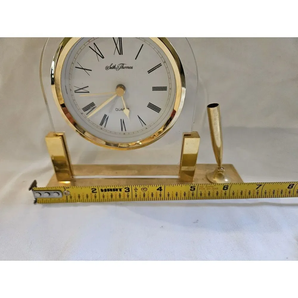 Vintage 1980s Seth Thomas Quartz‎ Brass Desk or Mantle Clock With Pen Holder